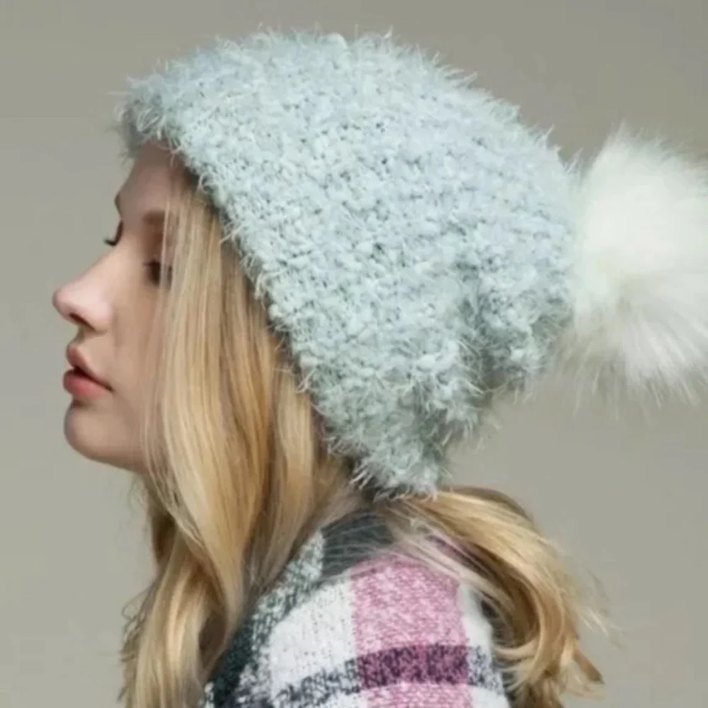 SOLD OUT Light Blue Eyelash Knit Faux Fur Pom Pom Beanie - Picture 1 of 6